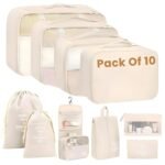 Set of 10 Pieces Packing Cubes Organiser for Travel, Travel Organizer Bags for Luggage, Suitcase Includes 2 Drawstring Bags, Shoe Bag and Toiletry Bag with Hook - Set of 10 - Beige