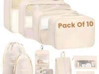 Set of 10 Pieces Packing Cubes Organiser for Travel, Travel Organizer Bags for Luggage, Suitcase Includes 2 Drawstring Bags, Shoe Bag and Toiletry Bag with Hook - Set of 10 - Beige