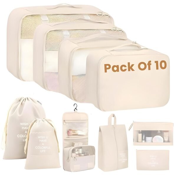 Set of 10 Pieces Packing Cubes Organiser for Travel, Travel Organizer Bags for Luggage, Suitcase Includes 2 Drawstring Bags, Shoe Bag and Toiletry Bag with Hook - Set of 10 - Beige