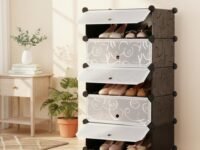 Shoe Rack Plastic for Home- Slipper Stand, Chappal Stand, Professional Multipurpose Printed Foldable Standing Comfort Runner Shoe Rack with Door, Shoe Stand (Black, 5 Shelf 5 Door)