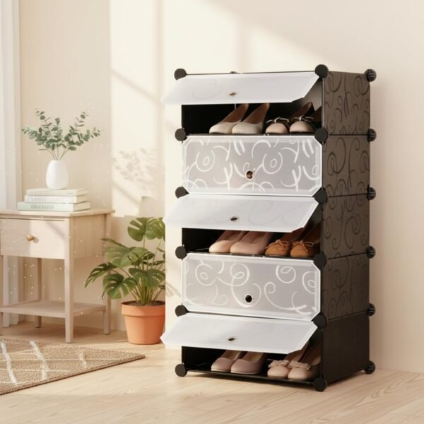 Shoe Rack Plastic for Home- Slipper Stand, Chappal Stand, Professional Multipurpose Printed Foldable Standing Comfort Runner Shoe Rack with Door, Shoe Stand (Black, 5 Shelf 5 Door)
