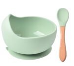 Silicone Baby Feeding Bowl & Wooden Spoon Set, 350 ML Unbreakable Suction Bowl for Toddlers – BPA Free, Non-Toxic, Non-Slip, Dishwasher & Microwave Safe Weaning Set (Green)