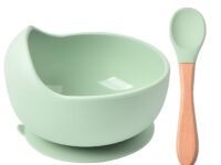 Silicone Baby Feeding Bowl & Wooden Spoon Set, 350 ML Unbreakable Suction Bowl for Toddlers – BPA Free, Non-Toxic, Non-Slip, Dishwasher & Microwave Safe Weaning Set (Green)