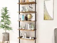 Snazzy Metal 5-Shelf Modern Bookcase Open Wall Mount Ladder Bookshelf For Living Room, Bedroom, Home Office, Beige