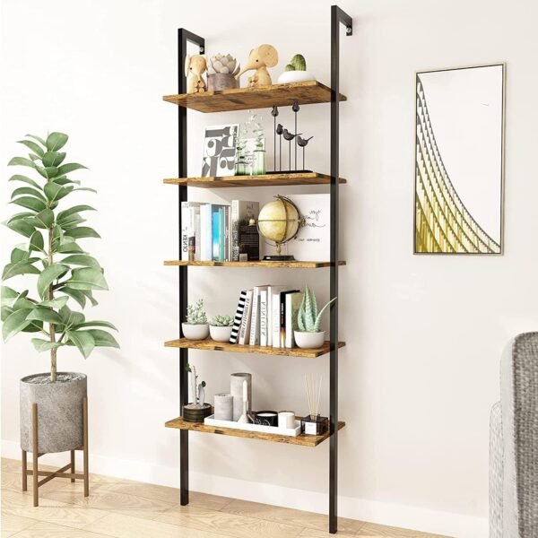Snazzy Metal 5-Shelf Modern Bookcase Open Wall Mount Ladder Bookshelf For Living Room, Bedroom, Home Office, Beige