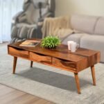 Solid Sheesham Wood Center Coffee Table with 3 Drawers Storage Teapoy Accent Table for Living Room 35x20x16 inch
