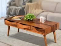 Solid Sheesham Wood Center Coffee Table with 3 Drawers Storage Teapoy Accent Table for Living Room 35x20x16 inch