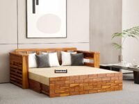 Solid Sheesham Wooden Sofa Cums Bed with Mattresses for Living Room|Rosewood 3-Person Sofa Cums Bed for Bedroom Without Pillow (I-Natural, 3 Seater)
