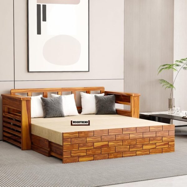 Solid Sheesham Wooden Sofa Cums Bed with Mattresses for Living Room|Rosewood 3-Person Sofa Cums Bed for Bedroom Without Pillow (I-Natural, 3 Seater)