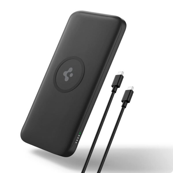 Spigen 2 in1 10000 mAh Wireless Charging Power Bank with USB-A | USB-C 20W Fast Charging, Included Type-C to C Cable, Lithium Polymer - Black