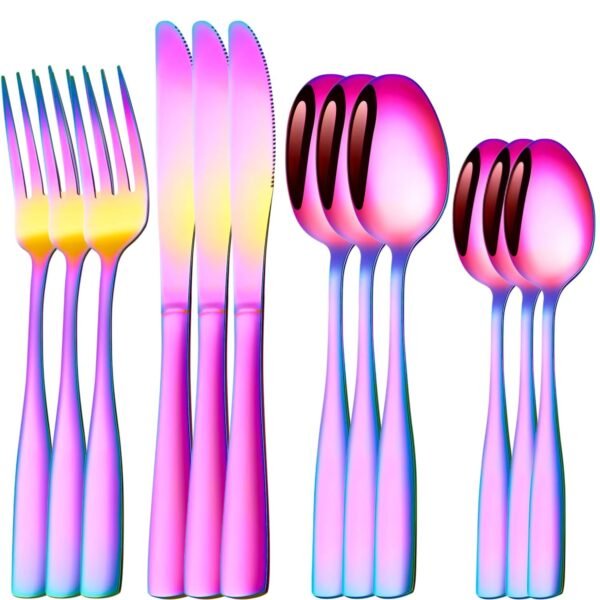 Stainless Steel Cutlery Set of 12 Pieces for Dining Table, Service for 3, Flatware Premium Spoon Fork and Knife Set for Home & Kitchen, Dishwasher Safe (Rainbow)