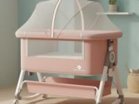 StarAndDaisy Cradle for New Born Baby Crib for Infant & Toddler with Height Adjustment, Locking Wheels,Mosquito net, Storage Basket -Pink