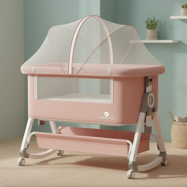 StarAndDaisy Cradle for New Born Baby Crib for Infant & Toddler with Height Adjustment, Locking Wheels,Mosquito net, Storage Basket -Pink