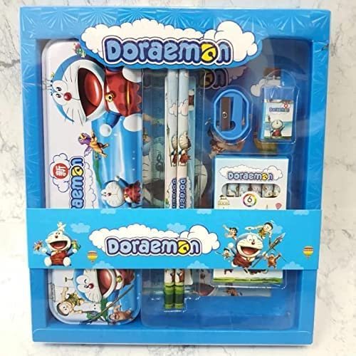 Stationary Kit Set for School Kids, Pencil Pen Scale Eraser Sharpener and Crayons Set for Birthday Return Gift (Multicolor) (Doremon-Stationery-01)