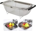 Strainer Sink Basket Stainless Steel Oval Colander Rubber Grip Handle, Fine Mesh Baskets Kitchen Over The Sink Colander for Strain, Drain, Rinse Vegetables, Fruits (1 Pc, Silver)