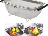 Strainer Sink Basket Stainless Steel Oval Colander Rubber Grip Handle, Fine Mesh Baskets Kitchen Over The Sink Colander for Strain, Drain, Rinse Vegetables, Fruits (1 Pc, Silver)