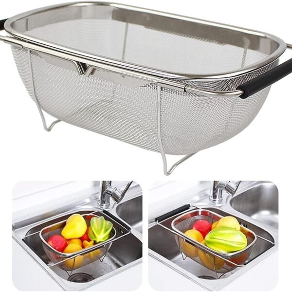 Strainer Sink Basket Stainless Steel Oval Colander Rubber Grip Handle, Fine Mesh Baskets Kitchen Over The Sink Colander for Strain, Drain, Rinse Vegetables, Fruits (1 Pc, Silver)