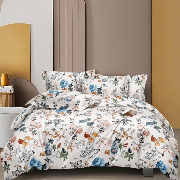 THE HOME STYLE Cotton Feel Glace Cotton Elastic Fitted All Around Printed Queen Size Double Bed Bedsheet wih 2 Pillow Cover (60"x78", Florenza)