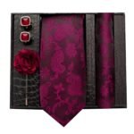 Tie for Men – Micro Silk Neck Ties Set with Cufflinks Flower Pin, Pocket Square & Black Gift Box, Combo Necktie Sets for Office Wear, Formal Suits & Weddings (Maroon, 214silver)