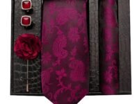 Tie for Men – Micro Silk Neck Ties Set with Cufflinks Flower Pin, Pocket Square & Black Gift Box, Combo Necktie Sets for Office Wear, Formal Suits & Weddings (Maroon, 214silver)