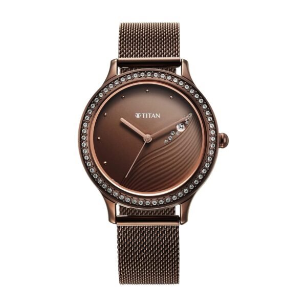 Titan Purple Glam It Up Quartz Analog with Date Brown Dial Brown Stainless Steel Strap Watch for Women - NT2634QM01