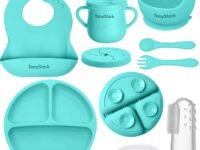 Tony Stark 7 Pcs Silicone Baby Feeding Set Bpa-Free,Microwave Safe,Anti-Slip Base | Complete Tableware Kit for Babies & Toddlers with Suction Plate,Bowl,Cup, Spoon,Fork & Bib (Green)