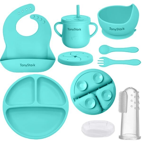 Tony Stark 7 Pcs Silicone Baby Feeding Set Bpa-Free,Microwave Safe,Anti-Slip Base | Complete Tableware Kit for Babies & Toddlers with Suction Plate,Bowl,Cup, Spoon,Fork & Bib (Green)