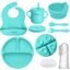 Tony Stark 7 Pcs Silicone Baby Feeding Set Bpa-Free,Microwave Safe,Anti-Slip Base | Complete Tableware Kit for Babies & Toddlers with Suction Plate,Bowl,Cup, Spoon,Fork & Bib (Green)