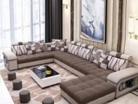 Torque Wood Silvester 12 Seater Sofa Set for Living Room (Right Side, Dark Brown & Beige) | Interchangeable U Shape Sectional Sofa with Puffy and Stool for Guest Room