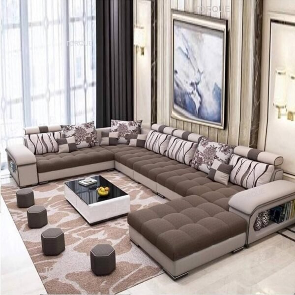 Torque Wood Silvester 12 Seater Sofa Set for Living Room (Right Side, Dark Brown & Beige) | Interchangeable U Shape Sectional Sofa with Puffy and Stool for Guest Room