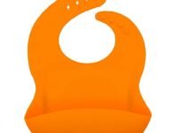 UCRAVO Vibrant Orange Silicone Bib with Extra Wide Food Pocket – Leakproof Toddler Feeding Bib – Soft Adjustable Neck Strap – BPA-Free Dishwasher Safe Silicone Bib for Messy Eaters