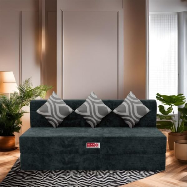 USHA SHRIRAM Folding Sofa Cum Bed 5x6 Feet – Comfortable 3-Person Seating with Durable Grey Molfino Fabric and Washable Cover, Perfect for Guests, Space-Saving Design, Includes 1-Year Warranty