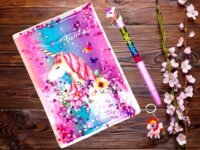 Unicorn Stationary/Dairy For Girls/Kids/Boys/School Supplies Combo Of 3 Pcs-Unicorn Water Glitter A5 Size Dairy+Unicorn Water Glitter Pen+Unicorn Keychain(Assorted Color Design) Birthday Gifts For Girls