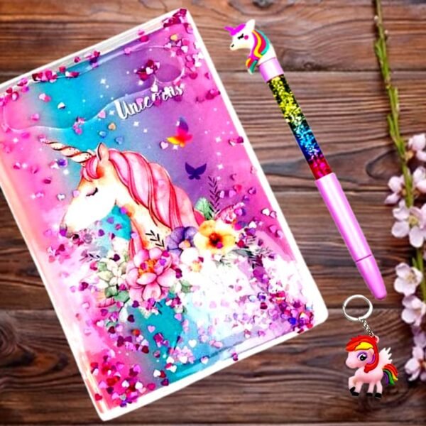 Unicorn Stationary/Dairy For Girls/Kids/Boys/School Supplies Combo Of 3 Pcs-Unicorn Water Glitter A5 Size Dairy+Unicorn Water Glitter Pen+Unicorn Keychain(Assorted Color Design) Birthday Gifts For Girls