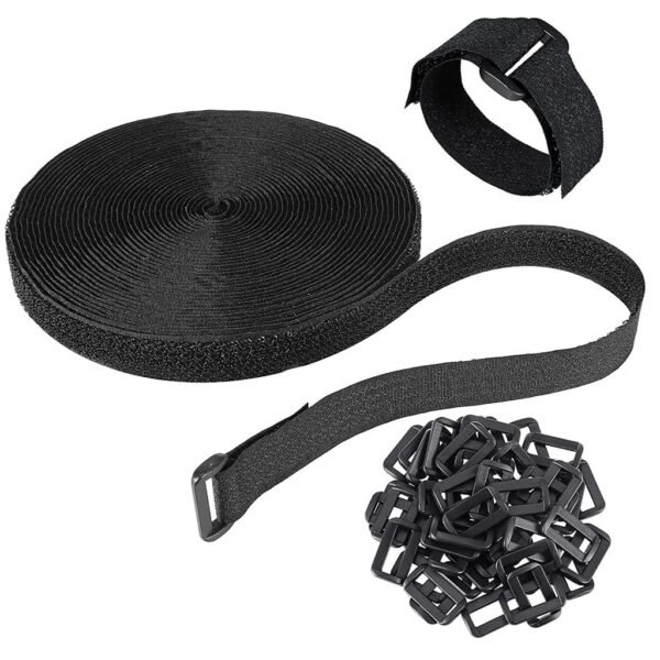 Velcro Tape with Buckles - 5 Meter Hook and Loop Cinch Strap for Sewing & Cable Wire Management, Nylon Fabric Cord Straps with 25 Buckles, Free-Cut Length