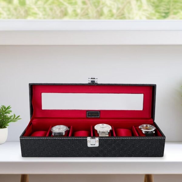 Watch Box Organizer Holder Case with 6 slots of Watches in Transparent Display with Black & Cherry Color in PU Leather