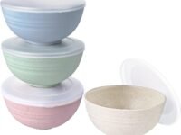 Wheat Straw Cereal Bowls Set of 4 with Dust-Proof Lid/Bowls for Kitchen/Microwave & Dishwasher Safe Bowl for Soup, Snack and Cereal or Salad, Capacity: 800 ML (Multicolor)
