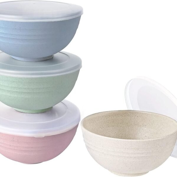 Wheat Straw Cereal Bowls Set of 4 with Dust-Proof Lid/Bowls for Kitchen/Microwave & Dishwasher Safe Bowl for Soup, Snack and Cereal or Salad, Capacity: 800 ML (Multicolor)