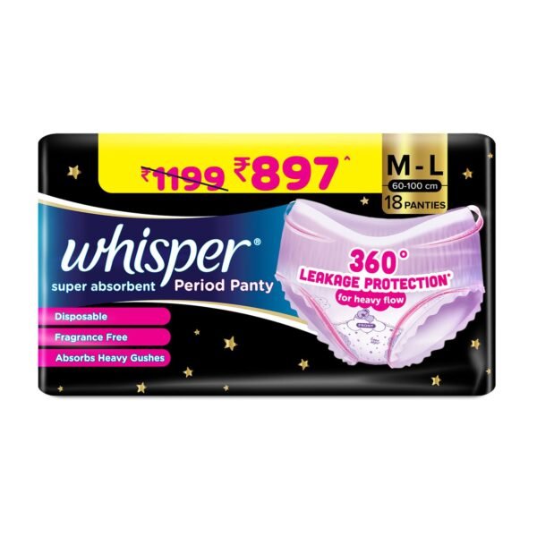 Whisper Girls And Women Super Absorbent Period Panty, 18 M-L Pants, 360 Degree Leakage Protection for Heavy Flow, Panty like Fit, Full back Coverage, Absorbs Heavy Gushes, Silky Soft, Comfortable Feel