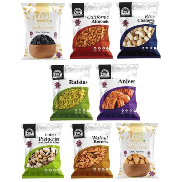 Wonderland Foods 800g (100g X 8) Dry Fruits Combo Pack of 8 | Jumbo Pistachios, NP Almond, W320 Cashew, Black & Golden Raisins, Anjeer, Walnut Kernel, Dried Apricot 100g Each