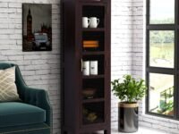 Wooden Bookcases Solid Sheesham Wooden 1 Door 4 Selves with Storage Living Room Home and Office Hallway,Walnut Finish (Small, Black)