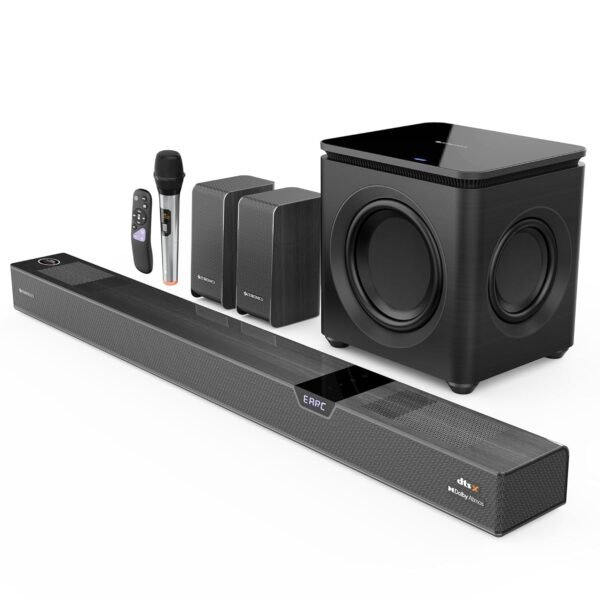 ZEBRONICS 1100 Watts Powerful Soundbar, 7.2.4 Home Theatre, Wireless, Dual Satellites & Driver Subwoofer, Dual Radiators, DTS X,Dolby Atmos, Karaoke UHF Mic, HDMI Earc, Optical (Juke BAR 10000), Black