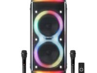 Zebronics Trolley DJ Speaker, 200W, Upto 9 Hours Playback, Dual 25.4cm Full-Range Drivers, Karaoke, TWS, BT v5.0, USB, SD, mSD, AUX, RGB, Dual Wireless UHF Mic, 6 Band EQ Control (Party Fyre 102)