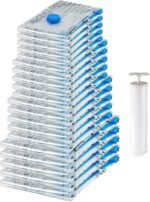 amazon basics Plastic Vacuum Compression Zipper Storage Bags With Hand Pump,20 Pack(5 Small,5 Medium,5 Large&5 Jumbo),Multiple Size,Clear,White