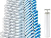 amazon basics Plastic Vacuum Compression Zipper Storage Bags With Hand Pump,20 Pack(5 Small,5 Medium,5 Large&5 Jumbo),Multiple Size,Clear,White