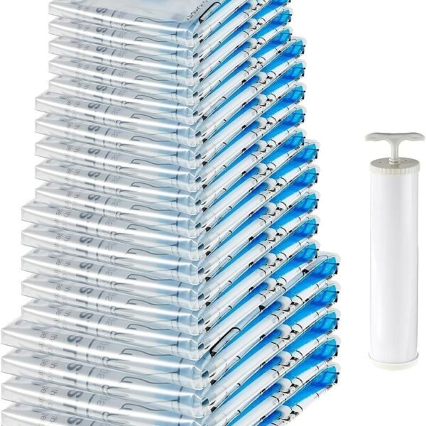 amazon basics Plastic Vacuum Compression Zipper Storage Bags With Hand Pump,20 Pack(5 Small,5 Medium,5 Large&5 Jumbo),Multiple Size,Clear,White