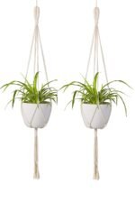 ecofynd 2 Pack Macrame Plant Hanger, Indoor Hanging Planter Basket with Wood Beads, Decorative Flower Pot Holder for Indoor Outdoor, Balcony Boho Home Decor, M2, 39 Inch, Ivory (Pots Not Included)