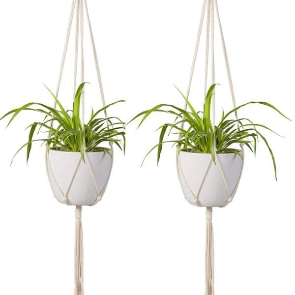 ecofynd 2 Pack Macrame Plant Hanger, Indoor Hanging Planter Basket with Wood Beads, Decorative Flower Pot Holder for Indoor Outdoor, Balcony Boho Home Decor, M2, 39 Inch, Ivory (Pots Not Included)