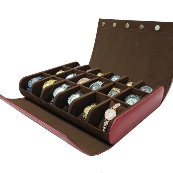essart 18-Slot Travel Watch Organizer – Elegant PU Leather Watch Roll for Collectors, Scratch-Proof & Portable Storage in Croco-Maroon Color