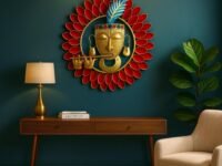 pranjals house Metal Krishna Playing Basuri Round Frame Wall Hanging For Decor (23" Multicolour)